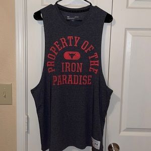 Mens Under Armour Project Rock Tank Top: Black Heather and Red